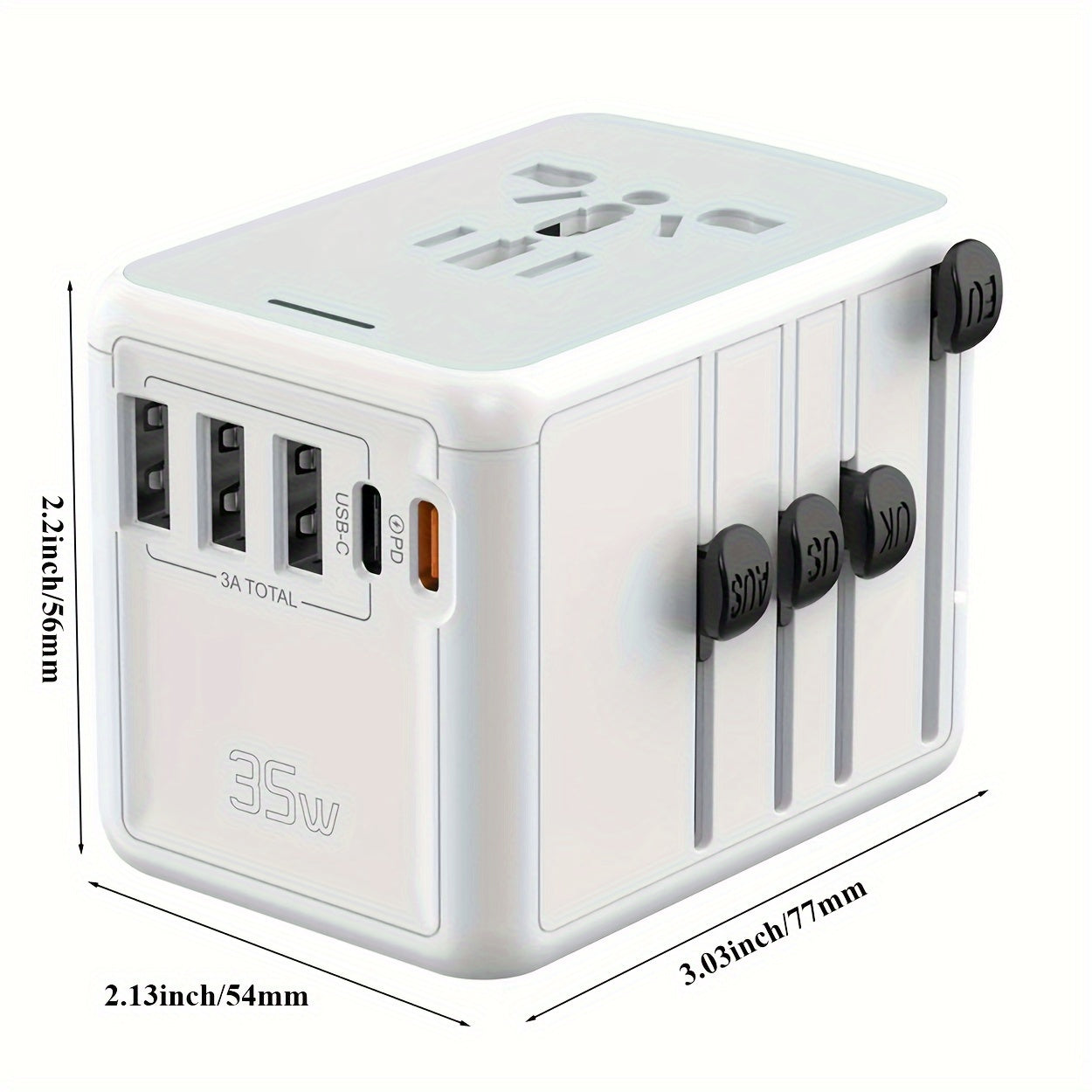 USB C & PD 35W Universal Travel Adapter, QC Fast Charger European Travel Plug Power Adapter, 3 USB & 2 Tyep-C & USA/EU/AU/UK AC Sockets