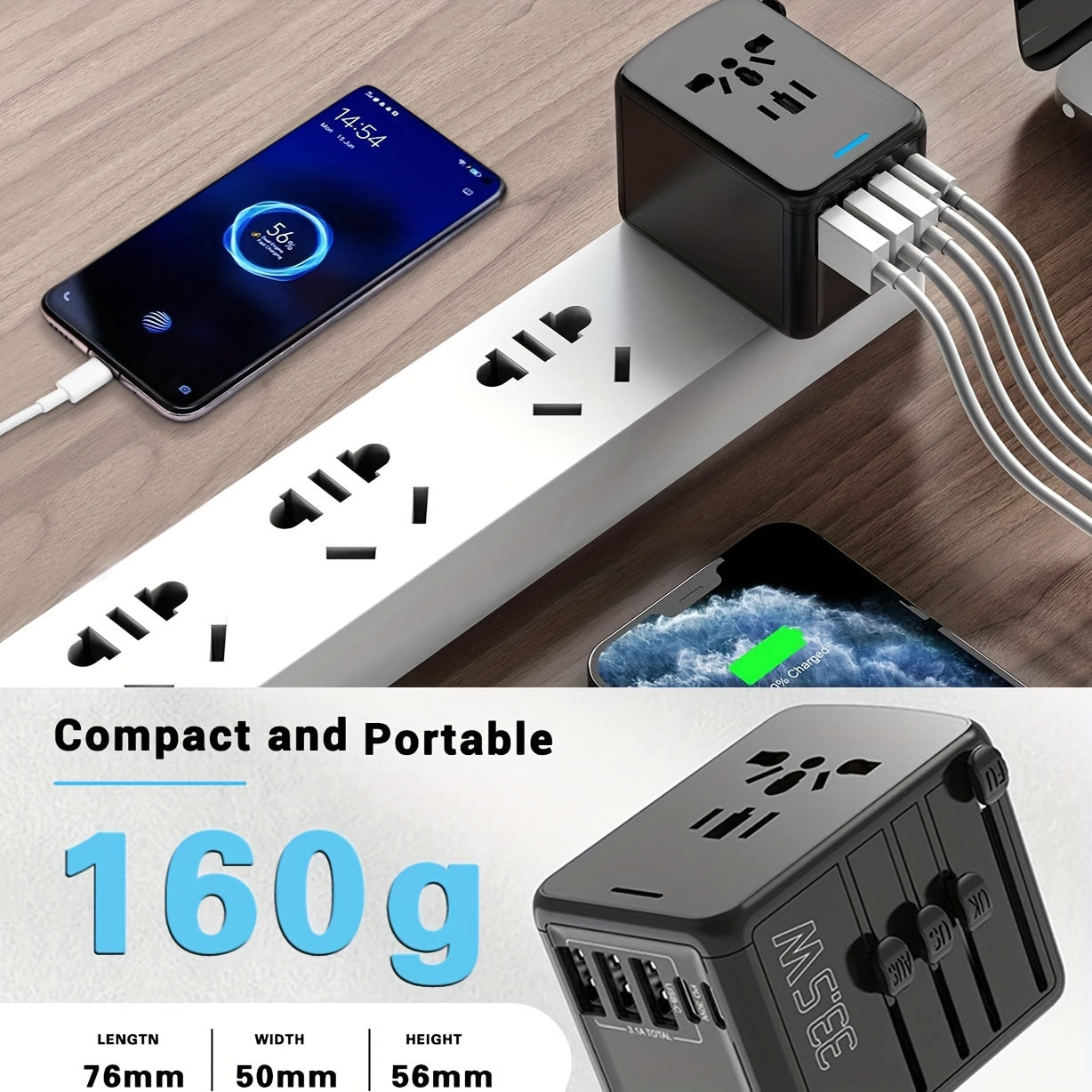 USB C & PD 35W Universal Travel Adapter, QC Fast Charger European Travel Plug Power Adapter, 3 USB & 2 Tyep-C & USA/EU/AU/UK AC Sockets