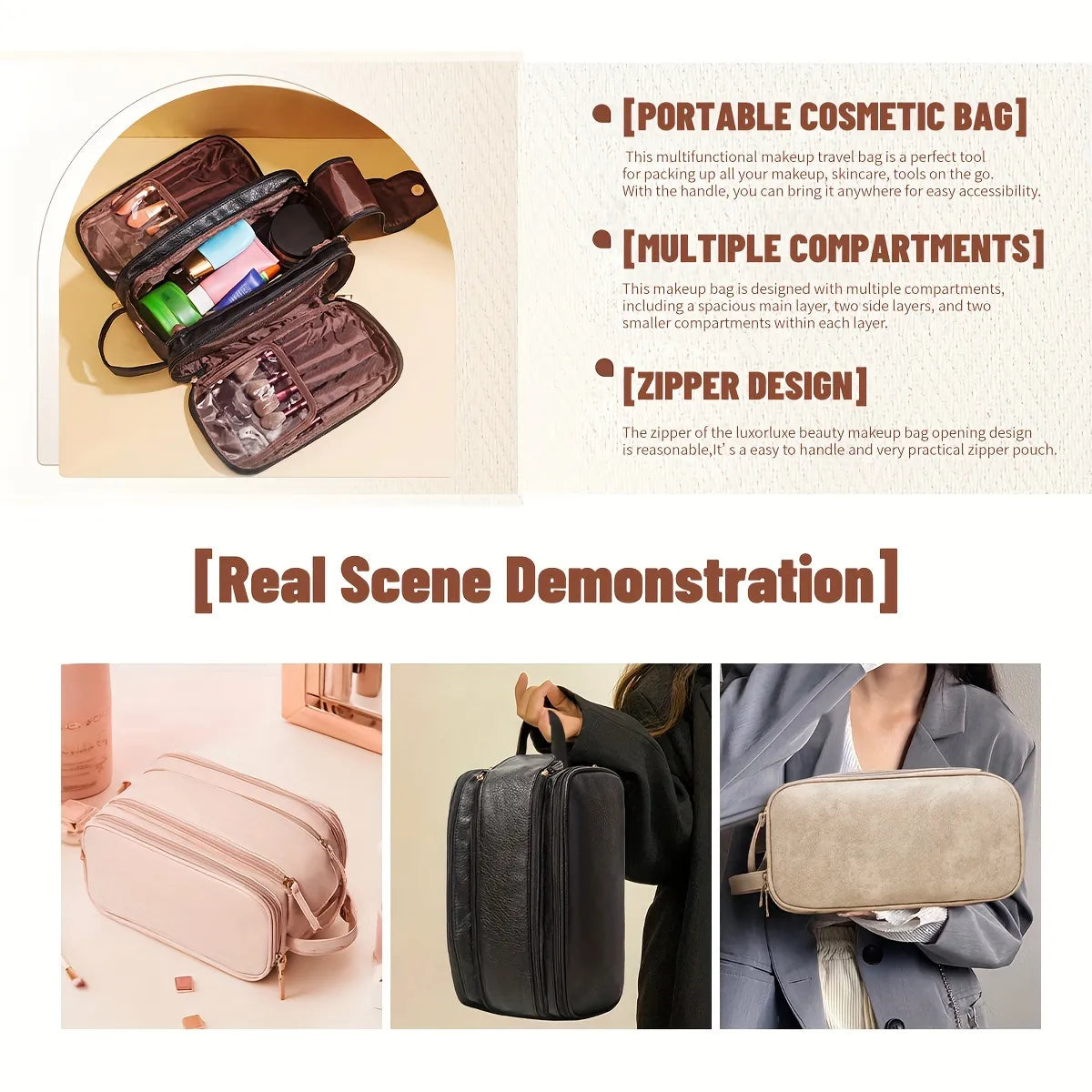 Women's Multifunctional Cosmetic Bag Large Capacity Portable Travel Makeup Brush Toiletries Storage Bag