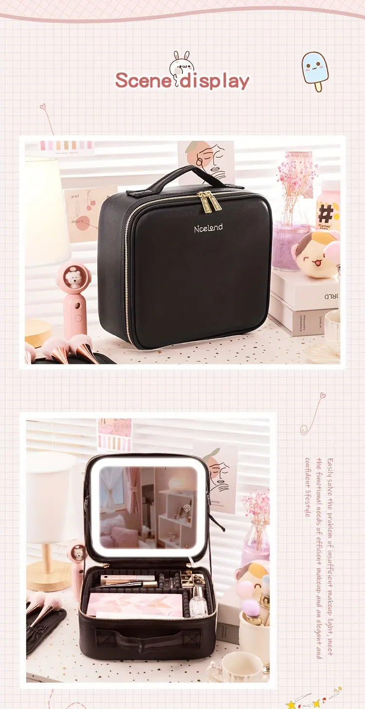 Portable Lighted Makeup Bag with Mirror - Travel Cosmetic Organizer Case for Women