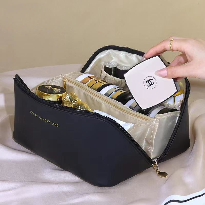 Bolsa de maquillaje de viaje,Bolsas de cosméticos de gran capacidad para mujeres,Bolsa portátil impermeable Bolsa de aseo plana abierta Organizador de maquillaje con divisor y asa