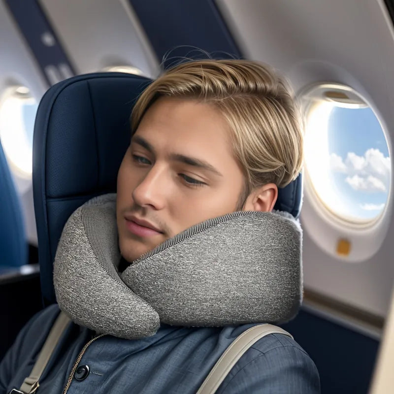 1pc Travel Pillow Pure Memory Foam Neck Pillow, Comfortable And Breathable Cover, Machine Washable, Airplane Travel Kit, Rest Pillow, For Flying