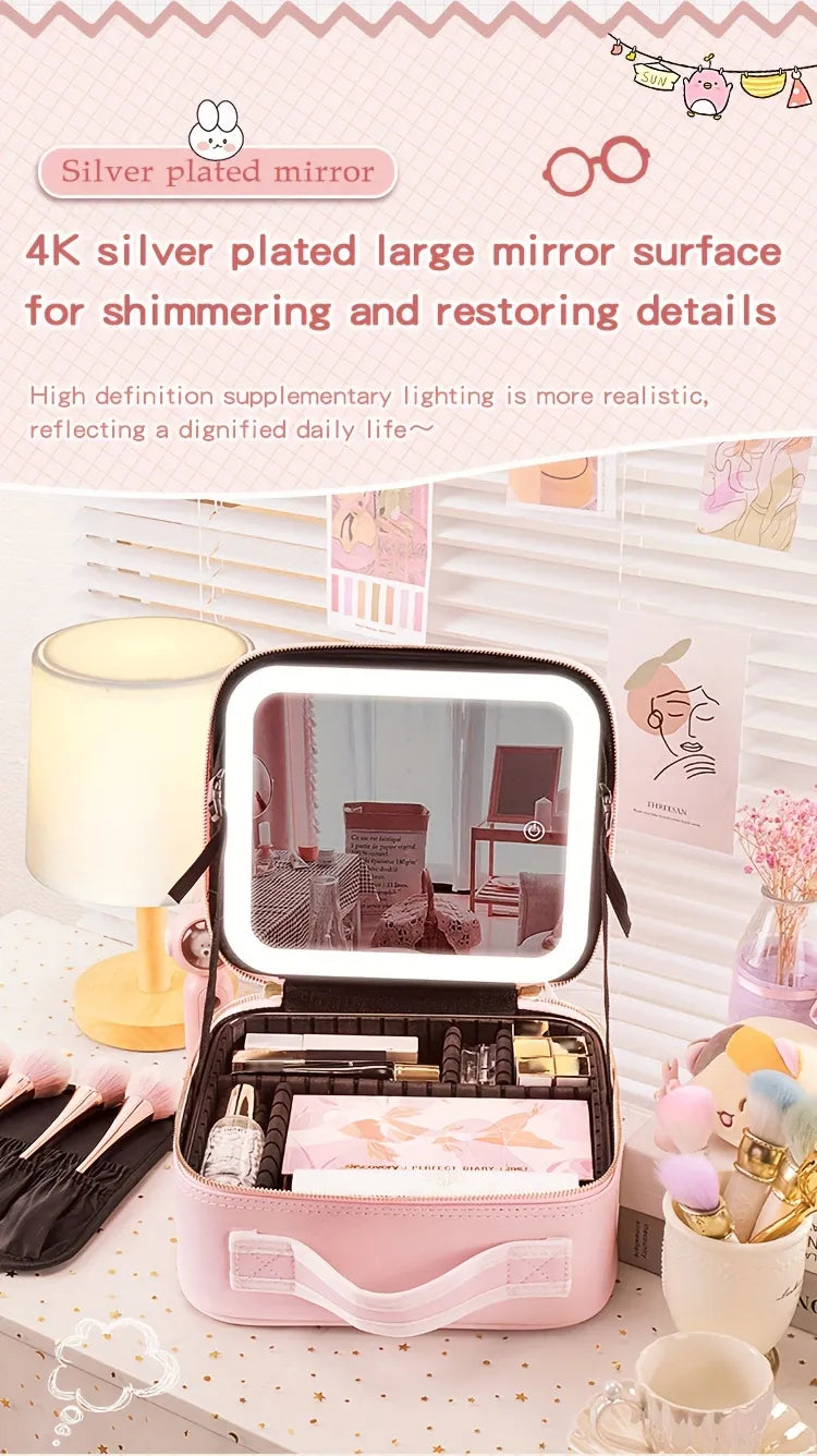 Portable Lighted Makeup Bag with Mirror - Travel Cosmetic Organizer Case for Women