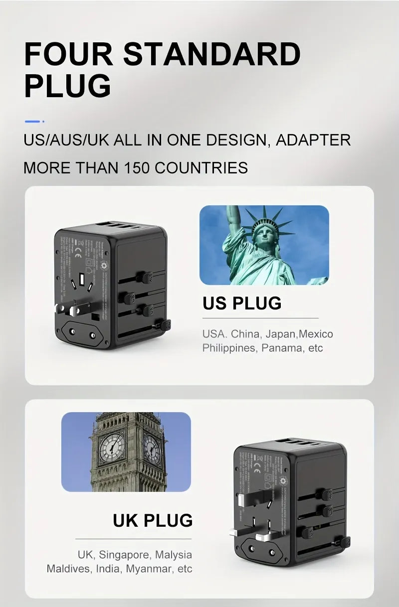 USB C & PD 35W Universal Travel Adapter, QC Fast Charger European Travel Plug Power Adapter, 3 USB & 2 Tyep-C & USA/EU/AU/UK AC Sockets