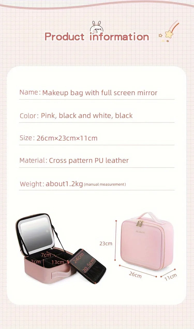 Portable Lighted Makeup Bag with Mirror - Travel Cosmetic Organizer Case for Women