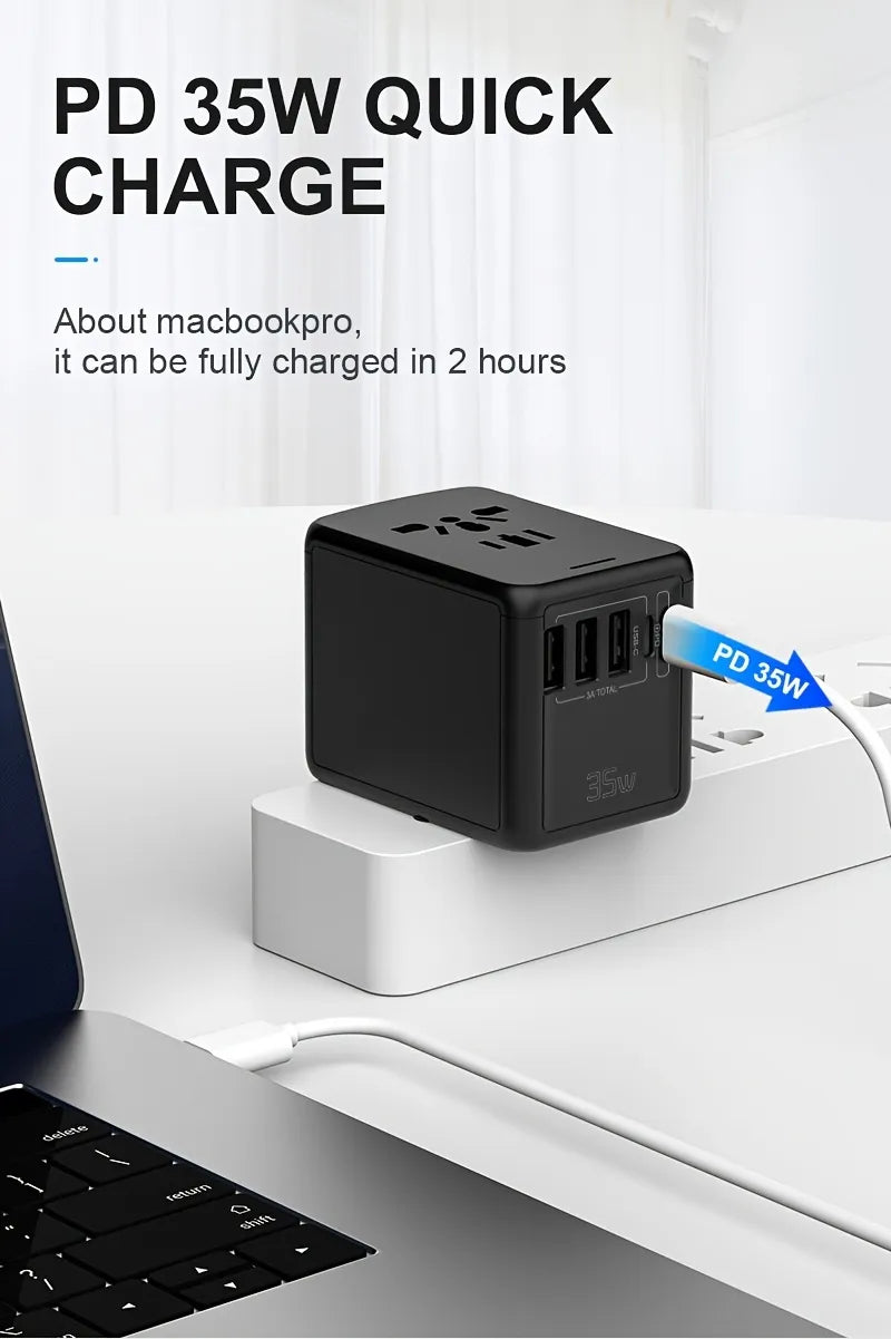 USB C & PD 35W Universal Travel Adapter, QC Fast Charger European Travel Plug Power Adapter, 3 USB & 2 Tyep-C & USA/EU/AU/UK AC Sockets