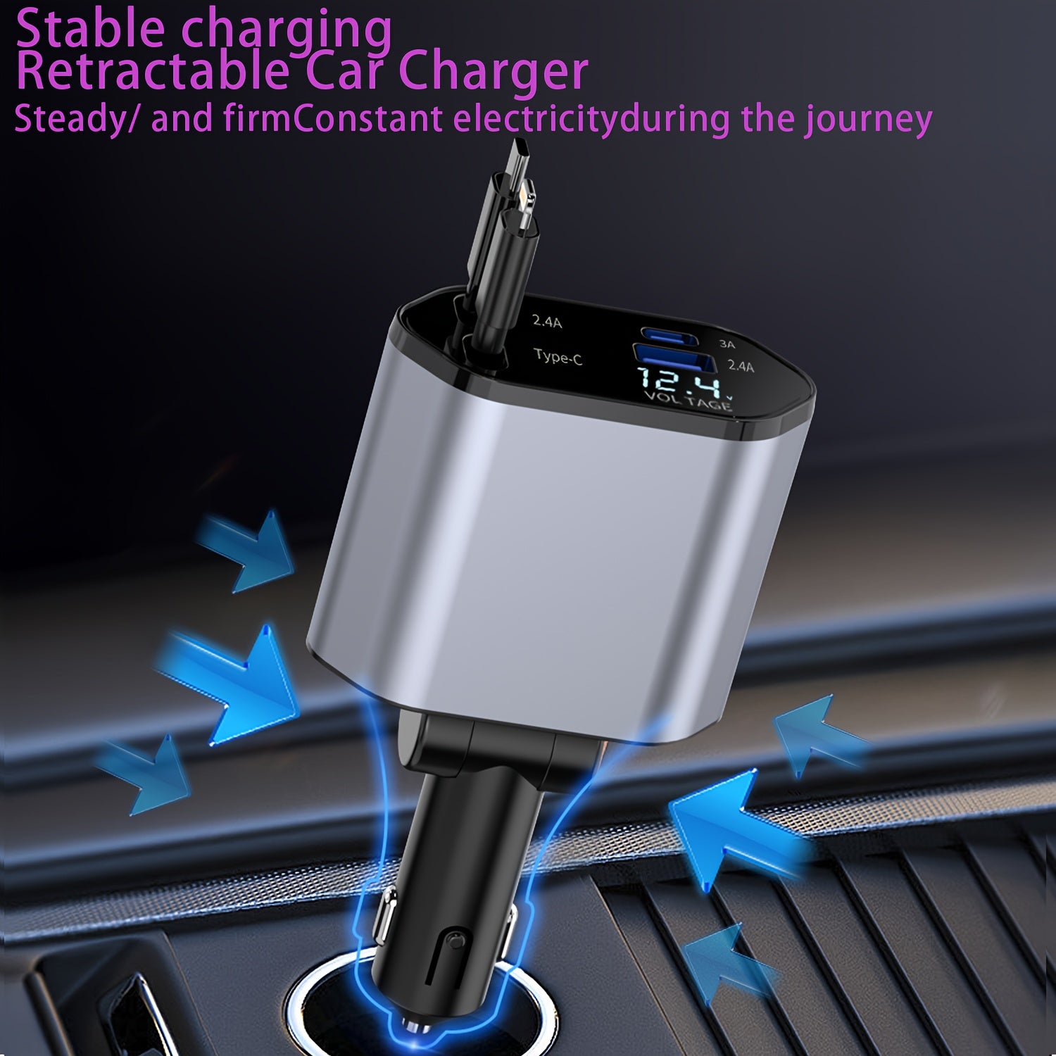 Cargador de Coche Retráctil - Cargador Rápido de Teléfono para Coche 4 en 1, 120W, con Cable Retráctil (31,5 Pulgadas) y 2 Adaptadores de Cargador de Coche con Puerto USB, Compatible con iPhone 15/14/13/12/11, Galaxy, Pixel 