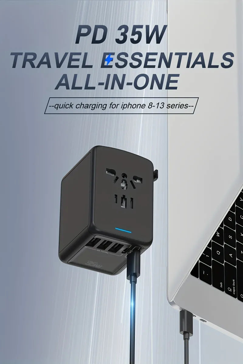 USB C & PD 35W Universal Travel Adapter, QC Fast Charger European Travel Plug Power Adapter, 3 USB & 2 Tyep-C & USA/EU/AU/UK AC Sockets