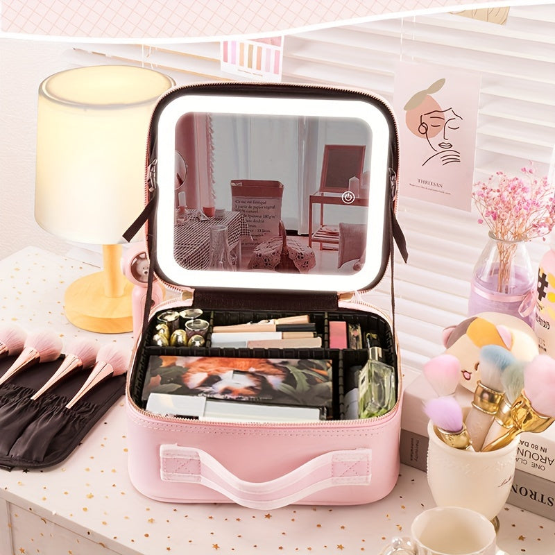 Portable Lighted Makeup Bag with Mirror - Travel Cosmetic Organizer Case for Women