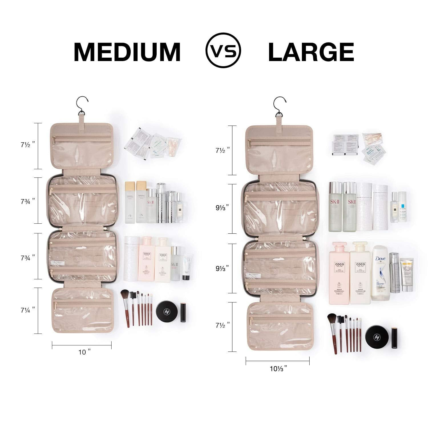 Bolsa de aseo Bolsa de viaje con gancho para colgar, Bolsa de cosméticos de maquillaje resistente al agua Organizador de viaje para accesorios, champú, contenedor de tamaño completo, artículos de tocador 